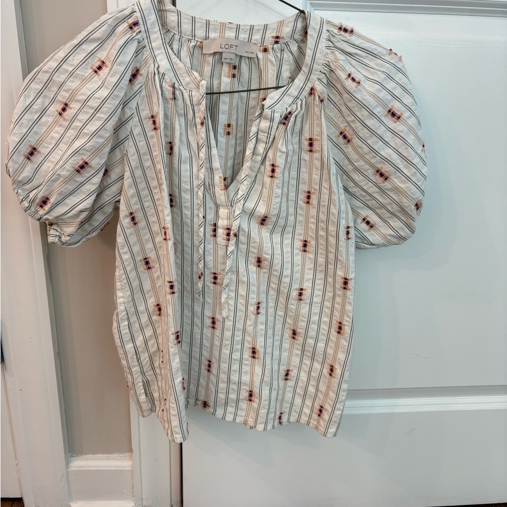 LOFT Women's Puff Sleeve Blouse - White and Red Stripes